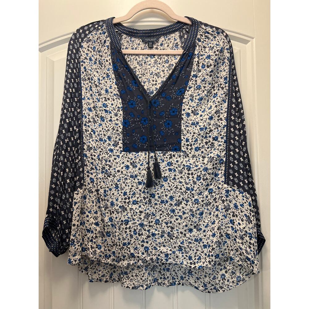 Lucky Brand Women’s Floral Boho Peasant V-Neck Tassel Tie Top Size M Blue Gray - Picture 1 of 3